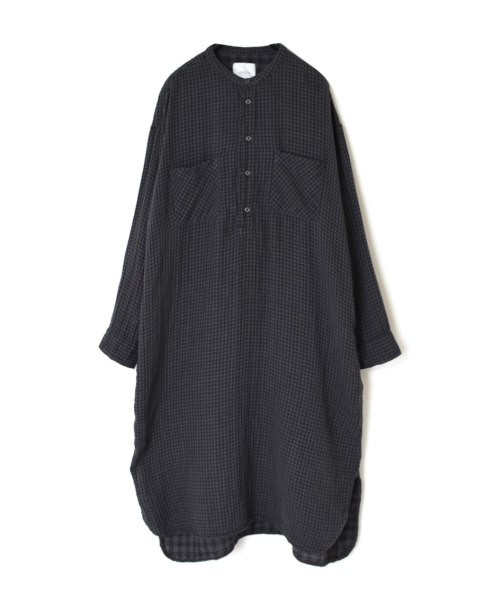 INAM2351DGD (ロングシャツ) DOUBLE GAUZE OVER DYED SMALL CHECK MEDIUM CHECK UTILITY BANDED COLLAR PULLOVER LONG SHIRT