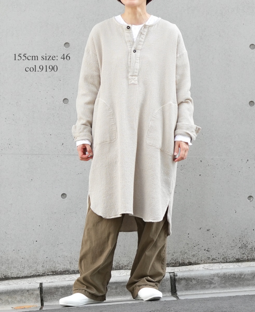 INHT2301WPD (ロングシャツ) WAFFLE PLAIN OVERDYE HENLY NECK LONG SHIRT