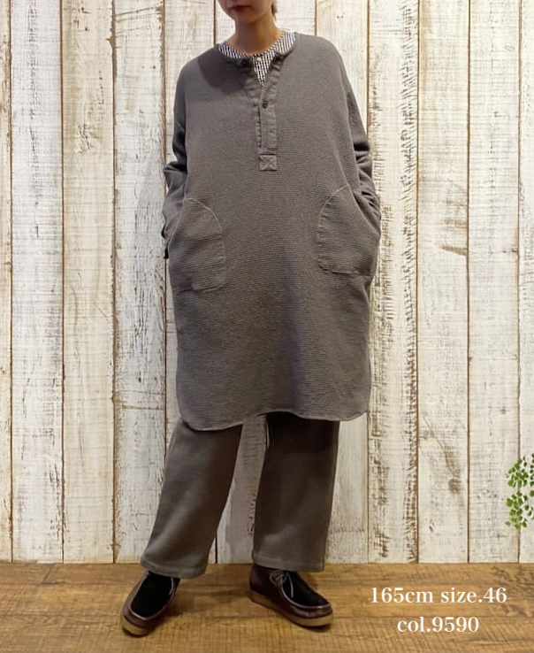 INHT2301WPD (ロングシャツ) WAFFLE PLAIN OVERDYE HENLY NECK LONG SHIRT