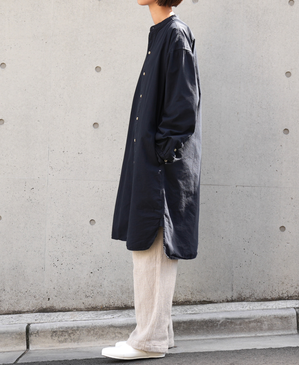 INAM1902PD (ロングシャツ) 40'S POPLIN  OVER DYED BANDED COLLAR LONG SHIRT