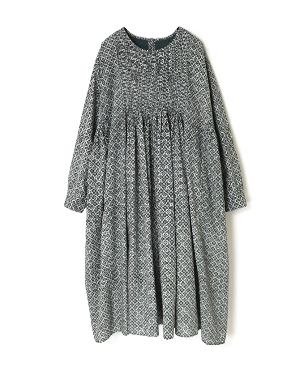 INMDS23733 (ワンピース) 60’S COTTON REPETITIONAL FLOWER BLOCK PRINT MINI PINTUCK CREW-NECK L/SL DRESS WITH LINING