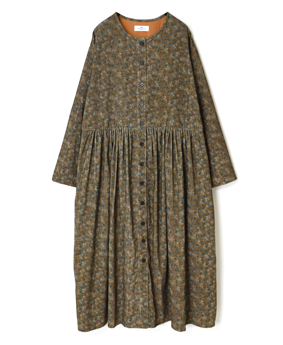 NSL23541 (ワンピース) CORDUROY SMALL FLOWER PRINT CREW-NECK GATHERED DRESS