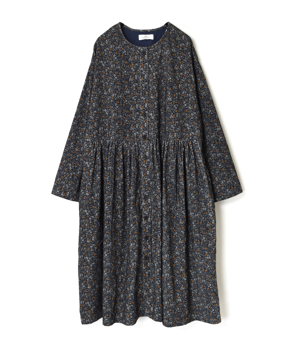 NSL23541 (ワンピース) CORDUROY SMALL FLOWER PRINT CREW-NECK GATHERED DRESS