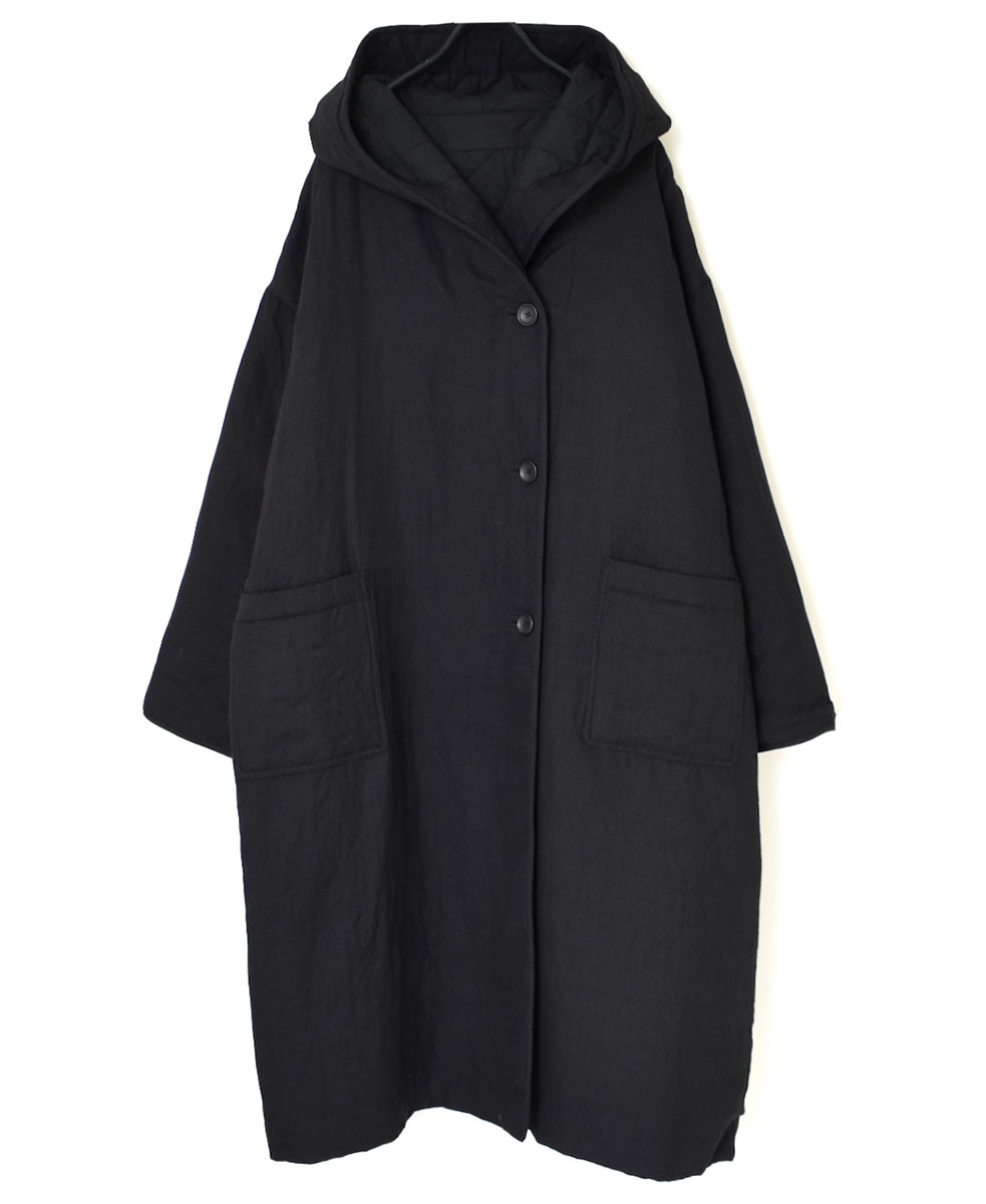 NSL23512 (コート) WOOL LINEN PLAIN WITH QUILTED LINING HOODED REVERSIBLE LONG COAT WITH BELT