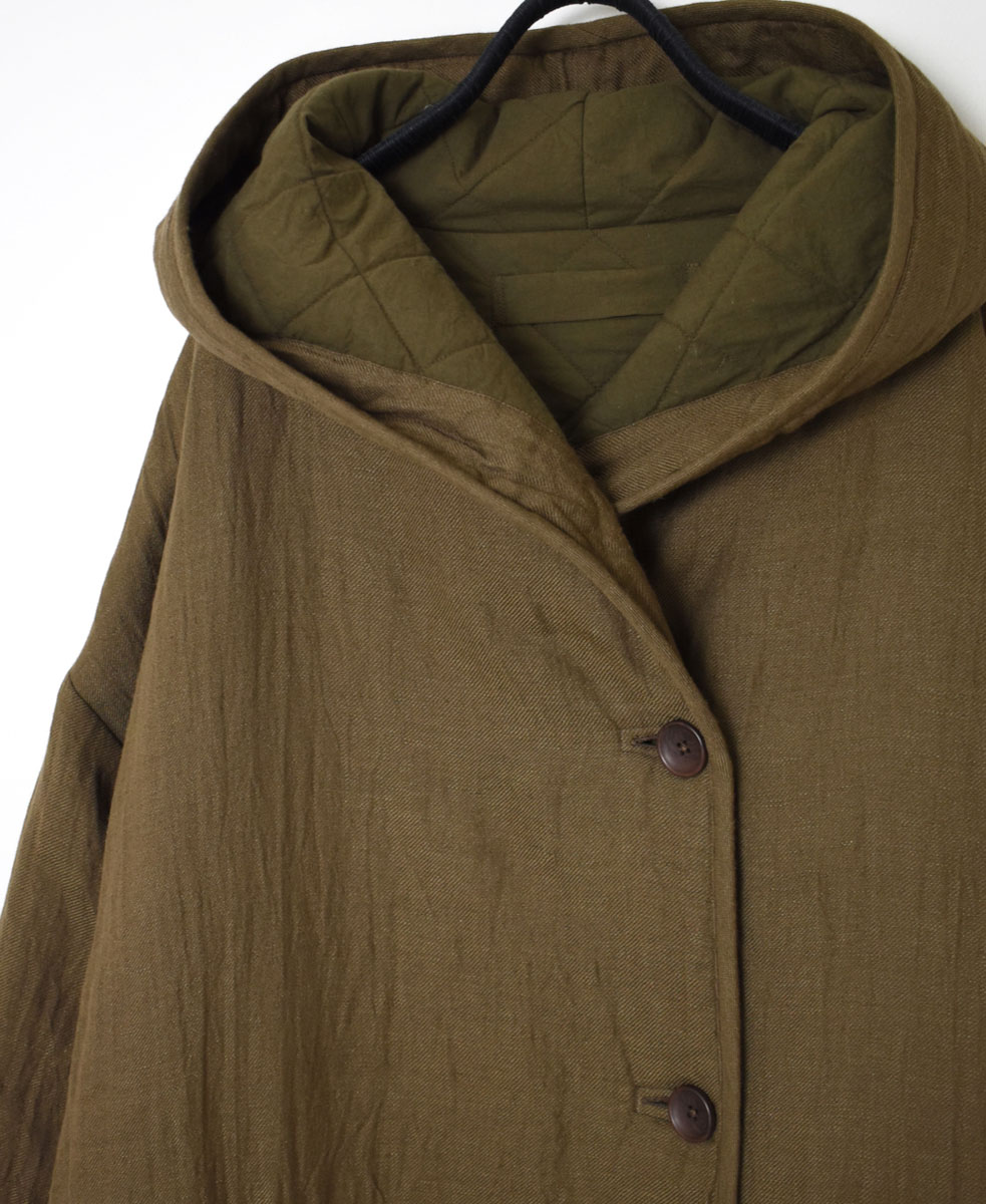 NSL23512 (コート) WOOL LINEN PLAIN WITH QUILTED LINING HOODED REVERSIBLE LONG COAT WITH BELT