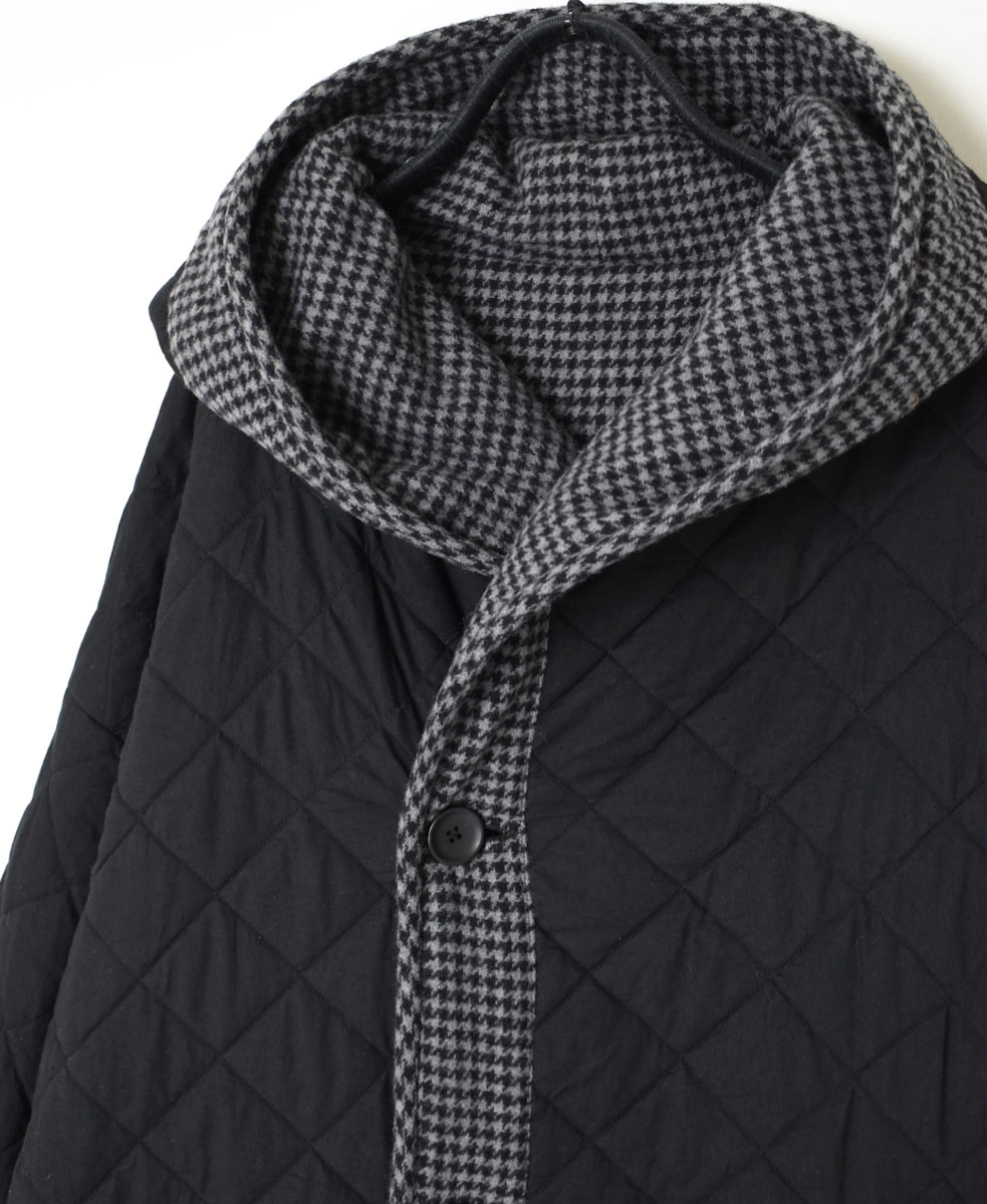 NSL23562 (コート) WOOL HOUNDS TOOTH CHECK WITH QUILTED LINING HOODED REVERSIBLE LONG COAT WITH BELT
