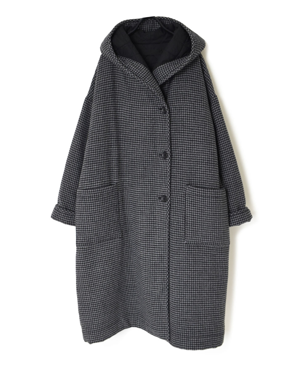 NSL23562 (コート) WOOL HOUNDS TOOTH CHECK WITH QUILTED LINING HOODED REVERSIBLE LONG COAT WITH BELT