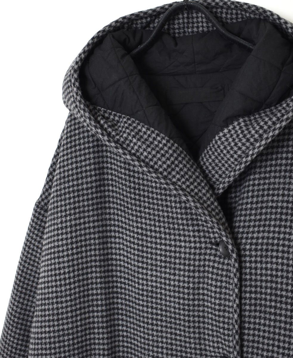 NSL23562 (コート) WOOL HOUNDS TOOTH CHECK WITH QUILTED LINING HOODED REVERSIBLE LONG COAT WITH BELT