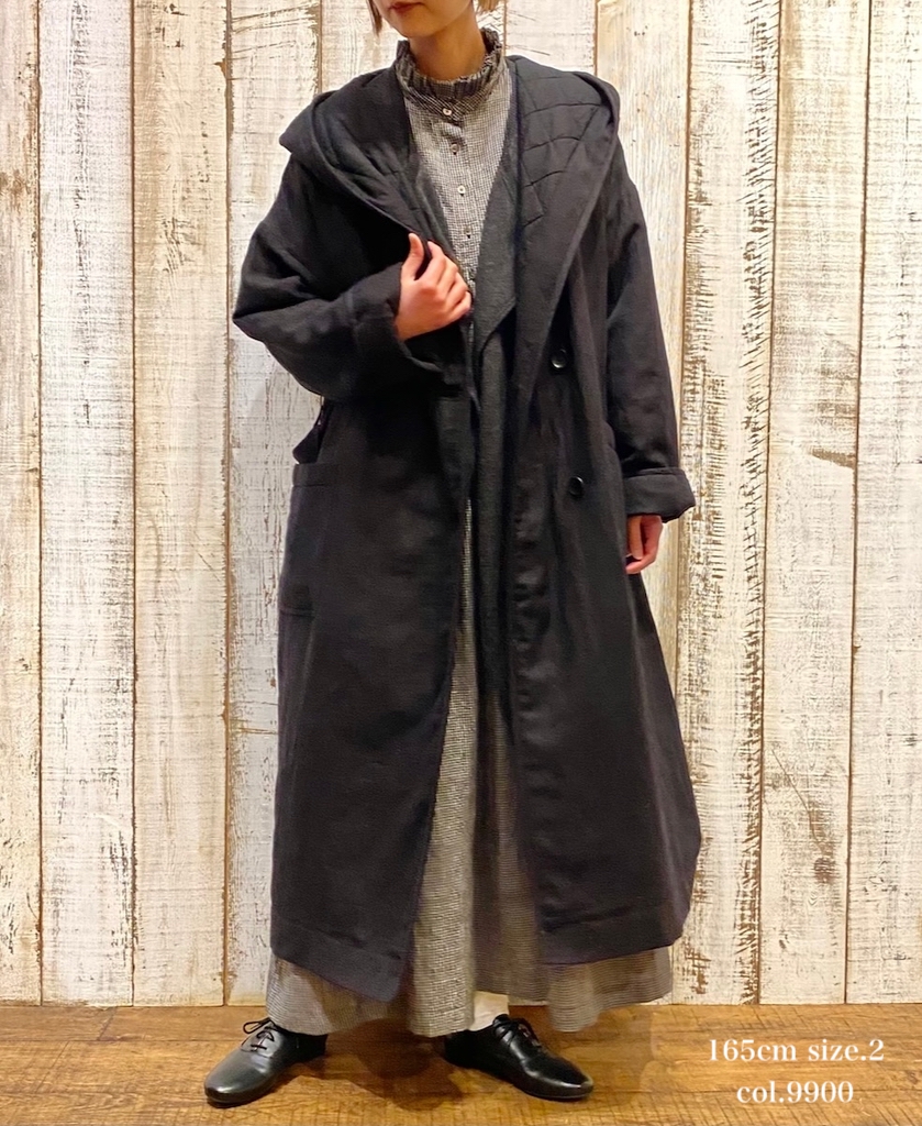 NSL23512 (コート) WOOL LINEN PLAIN WITH QUILTED LINING HOODED REVERSIBLE LONG COAT WITH BELT
