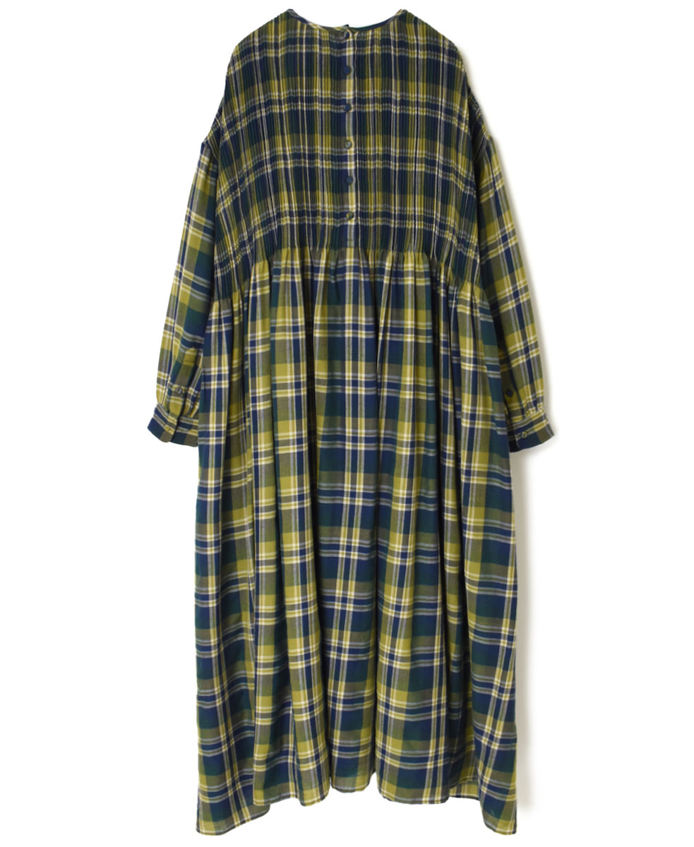 ●NMDS23612 (ワンピース) WOOL COTTON TWILL WEAVE CHECK CREW NECK P/O DRESS WITH MINI PINTUCK