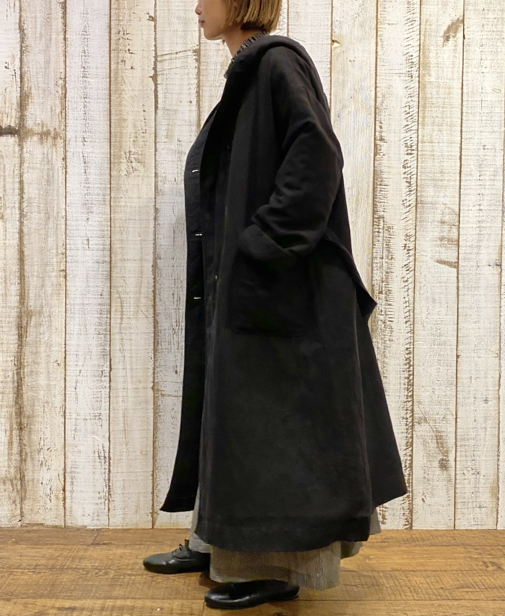 NSL23512 (コート) WOOL LINEN PLAIN WITH QUILTED LINING HOODED REVERSIBLE LONG COAT WITH BELT