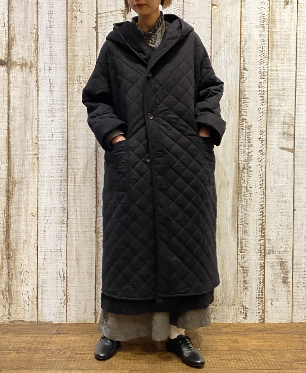 NSL23512 (コート) WOOL LINEN PLAIN WITH QUILTED LINING HOODED REVERSIBLE LONG COAT WITH BELT