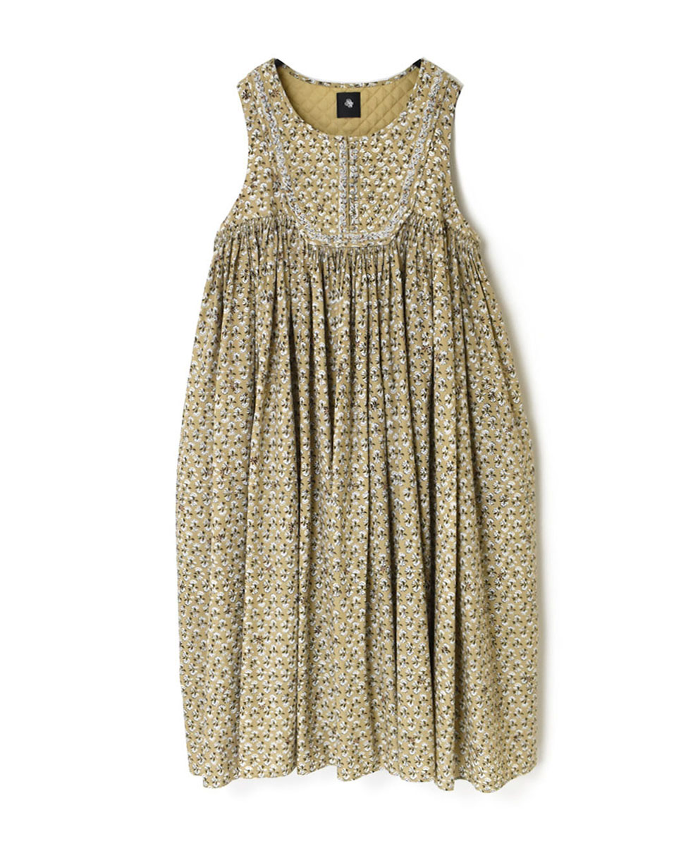 INMDS23724 (ワンピース) 60’S COTTON GENTIANA FLOWER BLOCK PRINT RAJASTHAN TUCK GATHERED NO/SL DRESS