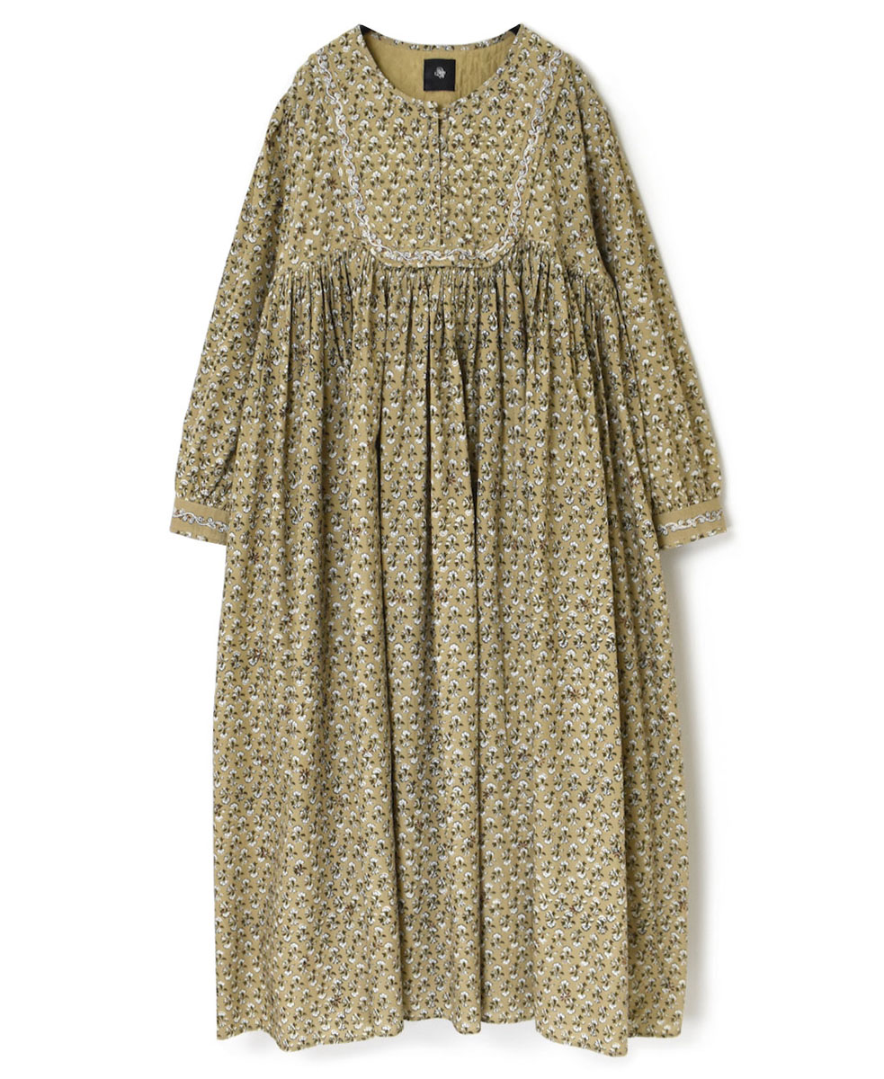 INMDS23722 (ワンピース) 60’S COTTON GENTIANA FLOWER BLOCK PRINT RAJASTHAN TUCK GATHERED DRESS