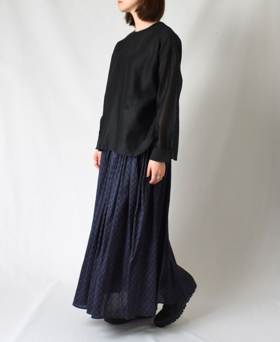 NMDS22564P (スカート) HANDWOVEN COTTON SILK REPETITIONAL FLOWER PRINT RAJASTHAN TUCK GATHERED SKIRT WITH LINING