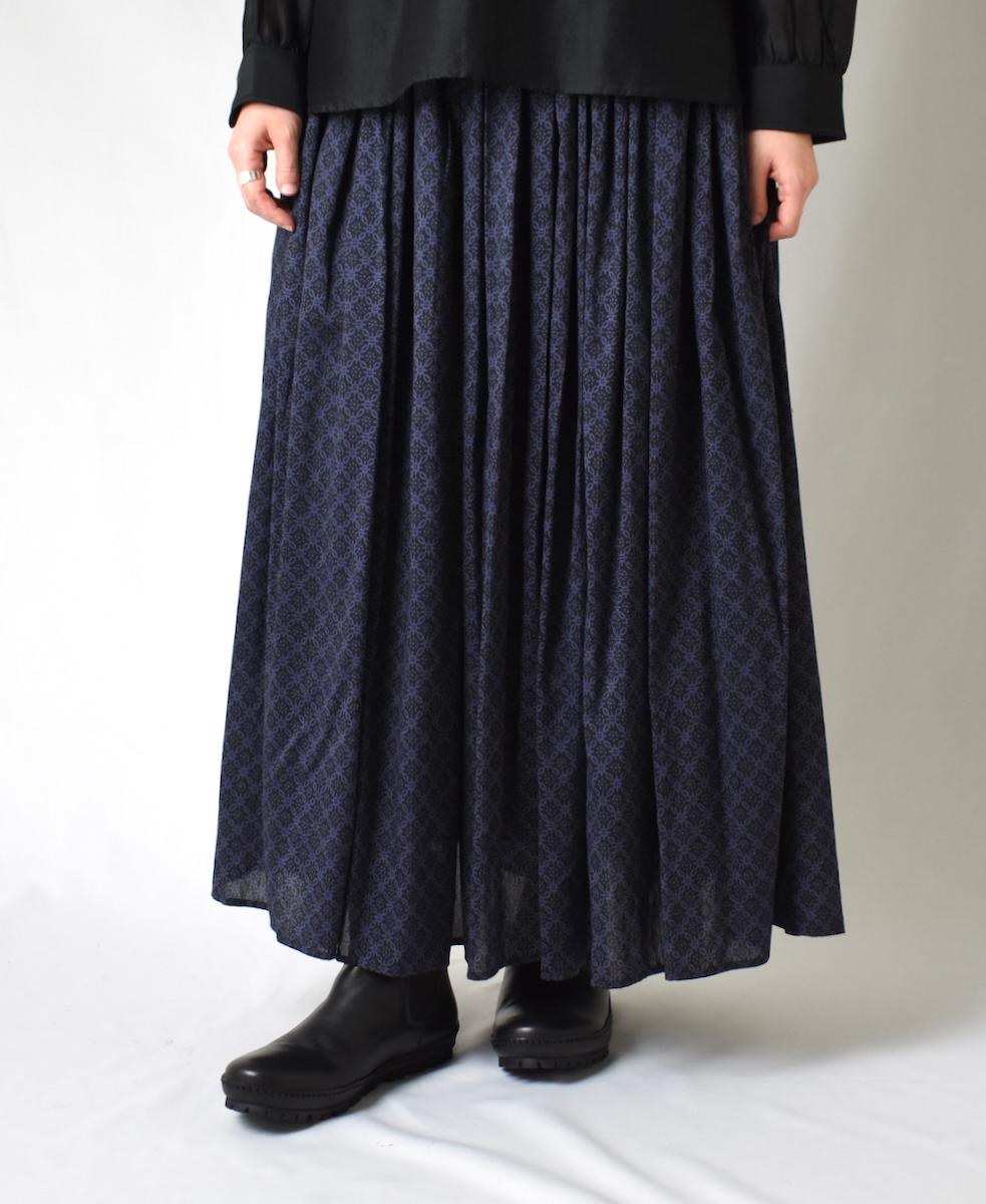 NMDS22564P (スカート) HANDWOVEN COTTON SILK REPETITIONAL FLOWER PRINT RAJASTHAN TUCK GATHERED SKIRT WITH LINING