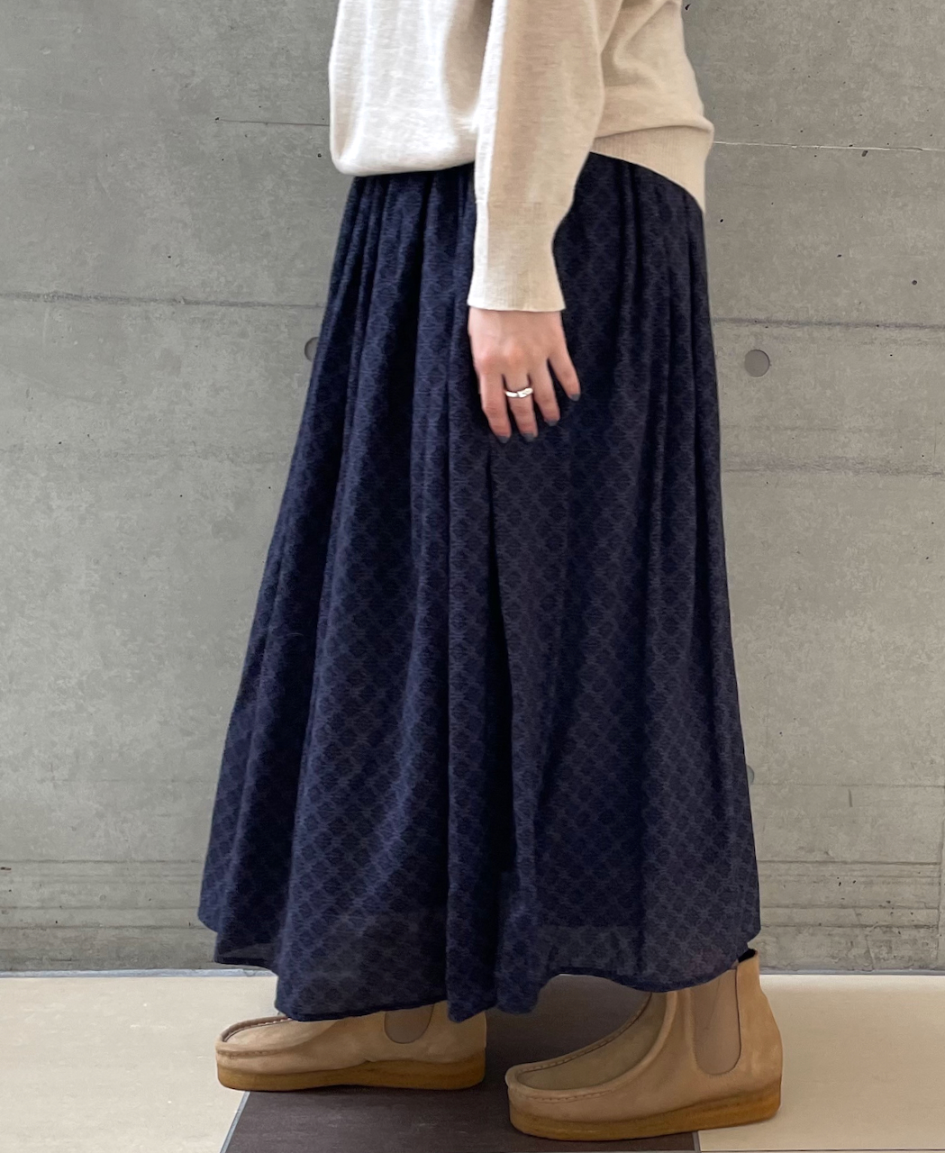 NMDS22564P (スカート) HANDWOVEN COTTON SILK REPETITIONAL FLOWER PRINT RAJASTHAN TUCK GATHERED SKIRT WITH LINING
