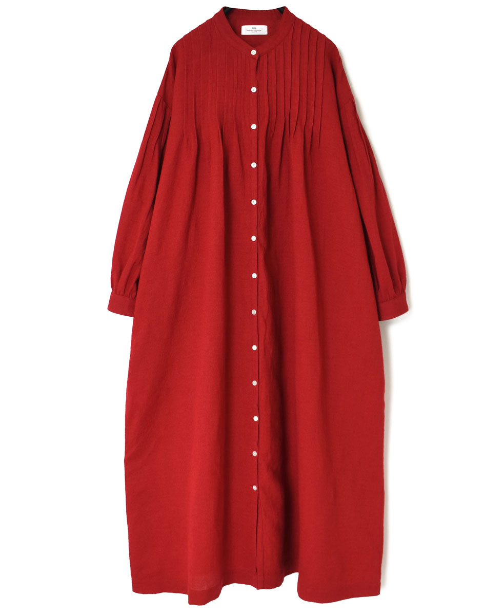 INSL22604 (ワンピース) WOOL/LINEN PLAIN BANDED COLLAR PINTUCK DRESS