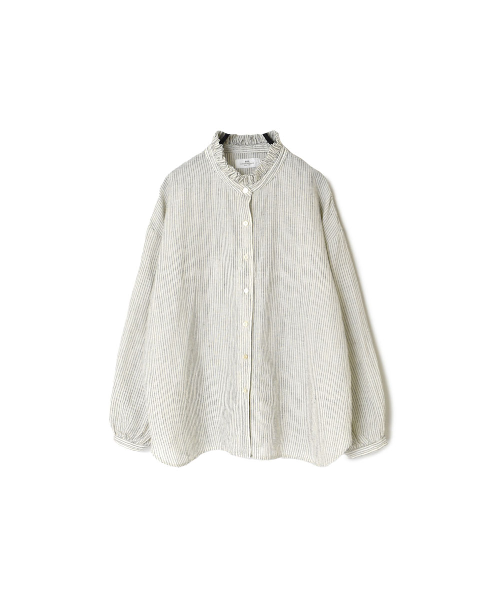 INSL22611 (シャツ) WOOL/LINEN SMALL CHECK & STRIPE FRILL COLLAR SHIRT