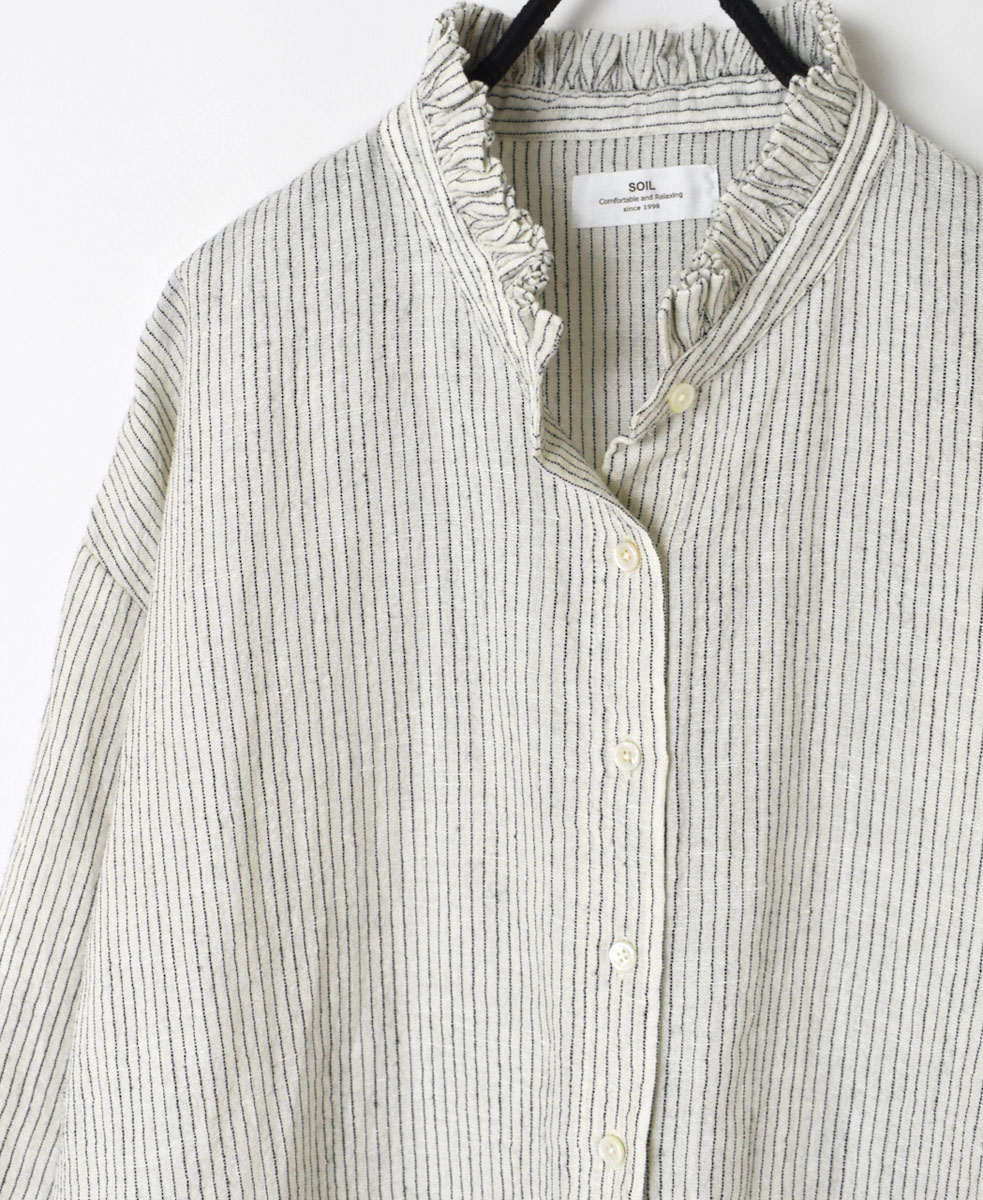 INSL22611 (シャツ) WOOL/LINEN SMALL CHECK & STRIPE FRILL COLLAR SHIRT