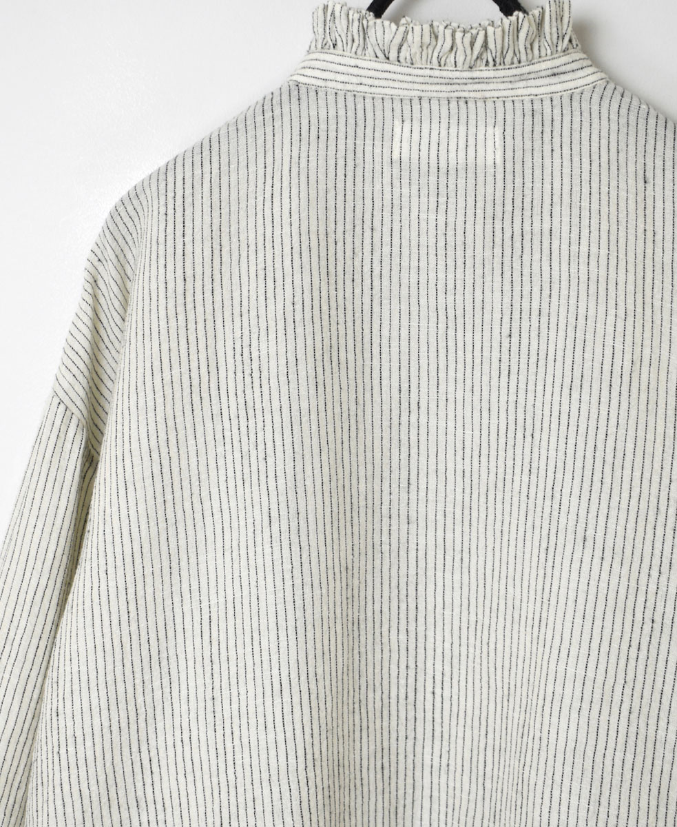 INSL22611 (シャツ) WOOL/LINEN SMALL CHECK & STRIPE FRILL COLLAR SHIRT