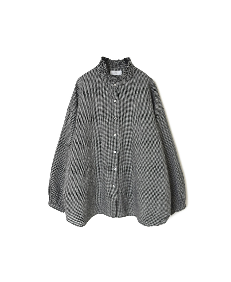 INSL22611 (シャツ) WOOL/LINEN SMALL CHECK & STRIPE FRILL COLLAR SHIRT