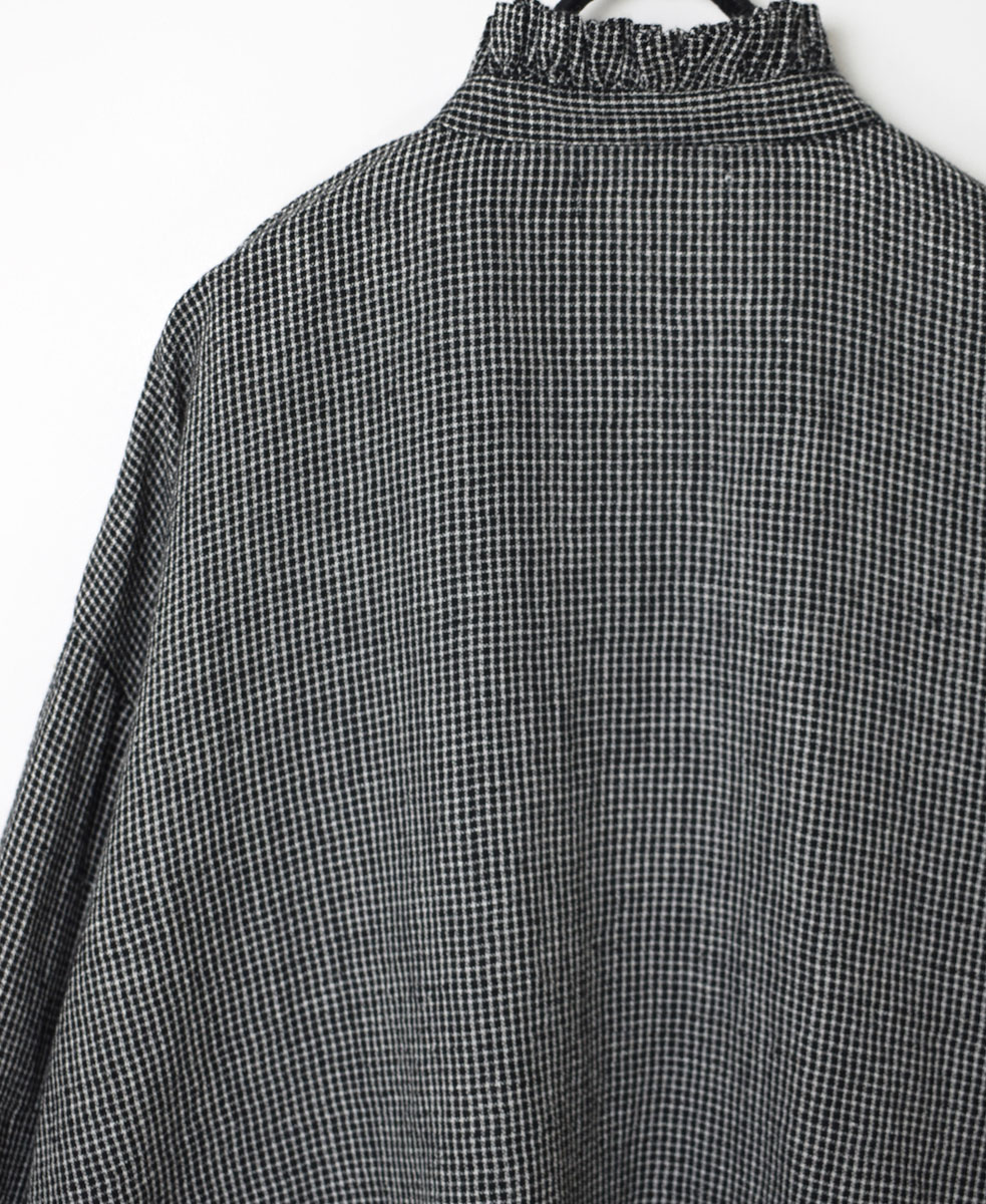 INSL22611 (シャツ) WOOL/LINEN SMALL CHECK & STRIPE FRILL COLLAR SHIRT