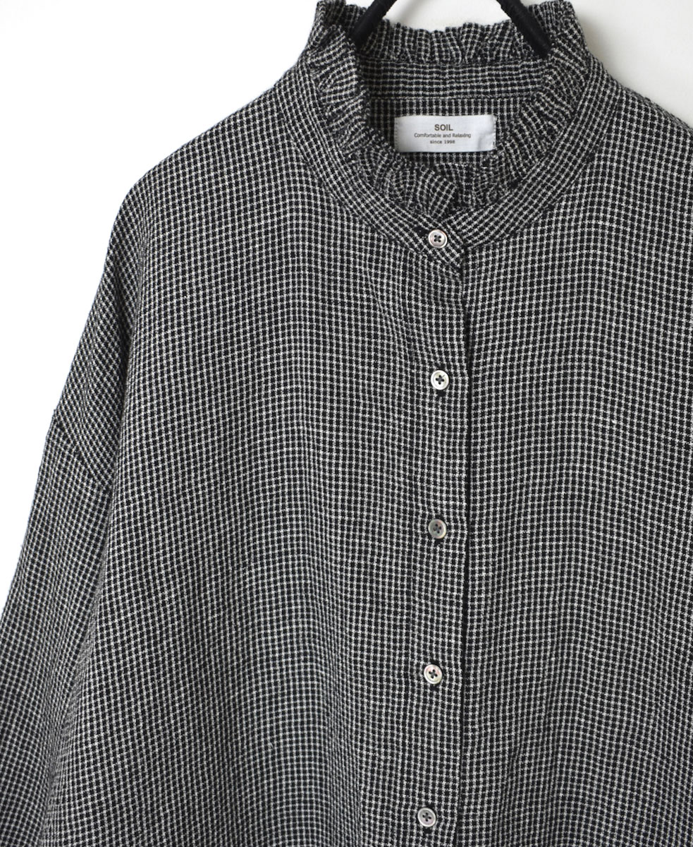 INSL22611 (シャツ) WOOL/LINEN SMALL CHECK & STRIPE FRILL COLLAR SHIRT