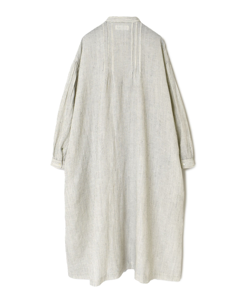 INSL22614 (ワンピース) WOOL/LINEN SMALL CHECK & STRIPE BANDED COLLAR PINTUCK DRESS
