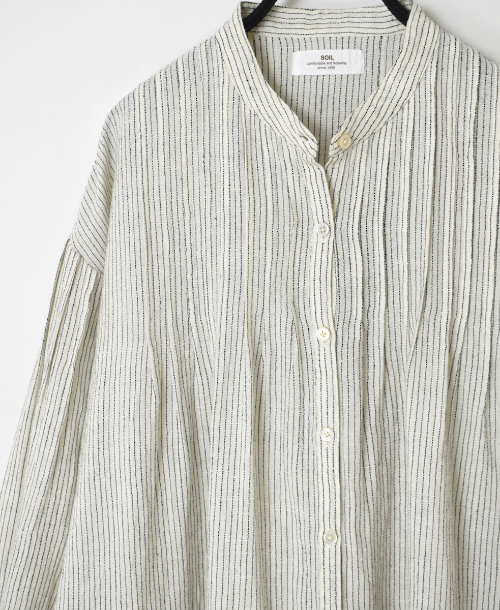 INSL22614 (ワンピース) WOOL/LINEN SMALL CHECK & STRIPE BANDED COLLAR PINTUCK DRESS