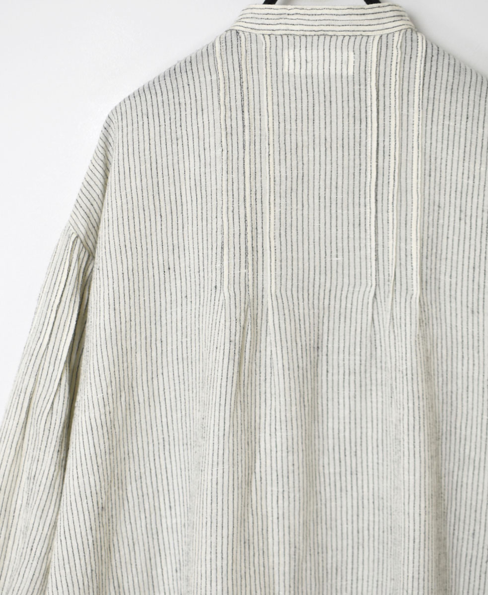 INSL22614 (ワンピース) WOOL/LINEN SMALL CHECK & STRIPE BANDED COLLAR PINTUCK DRESS