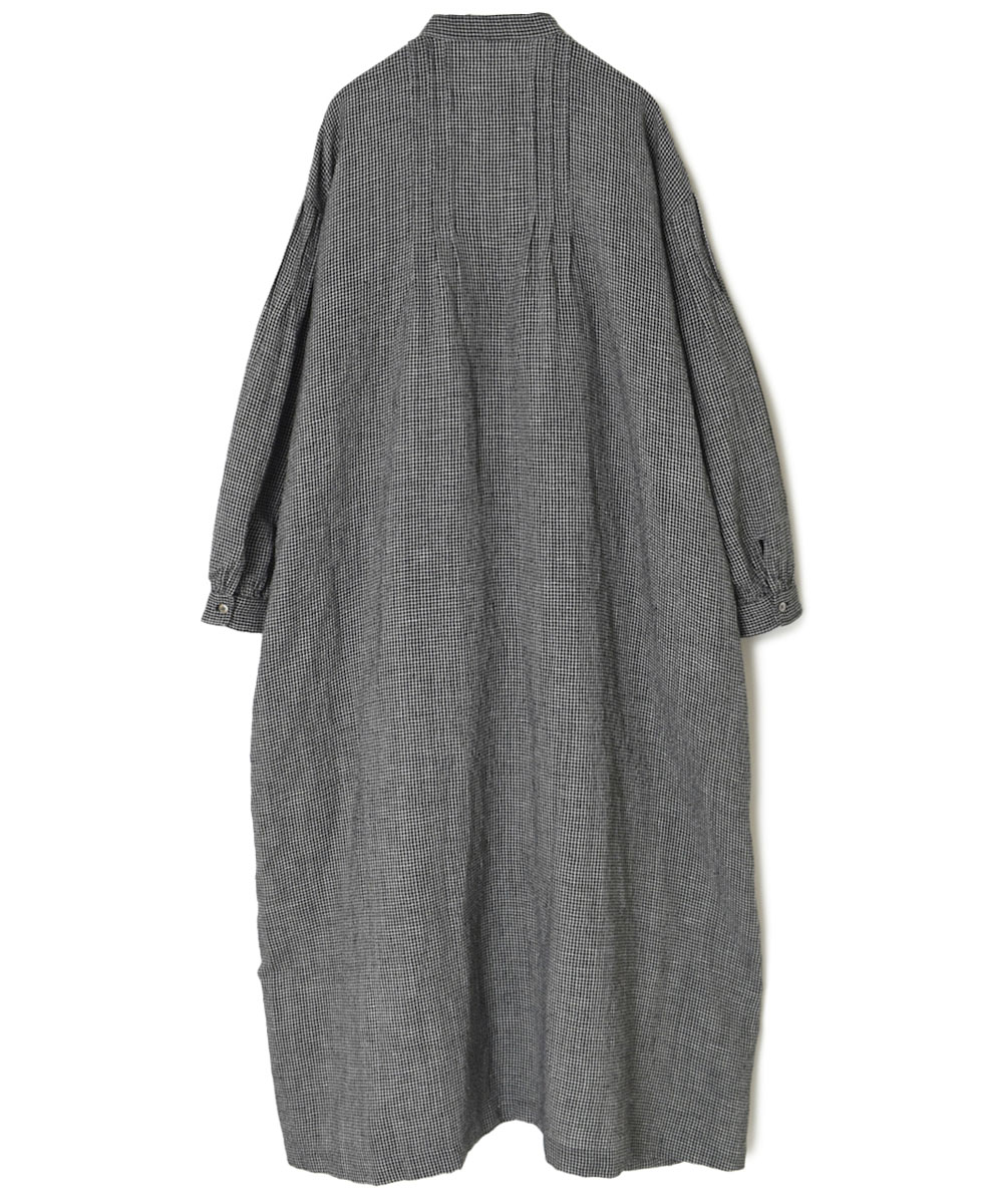 INSL22614 (ワンピース) WOOL/LINEN SMALL CHECK & STRIPE BANDED COLLAR PINTUCK DRESS