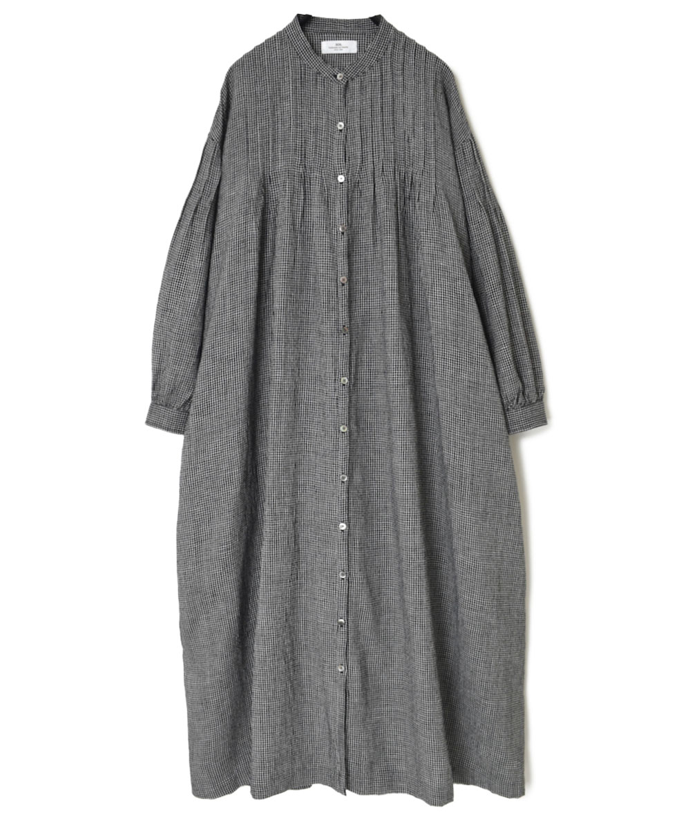 INSL22614 (ワンピース) WOOL/LINEN SMALL CHECK & STRIPE BANDED COLLAR PINTUCK DRESS