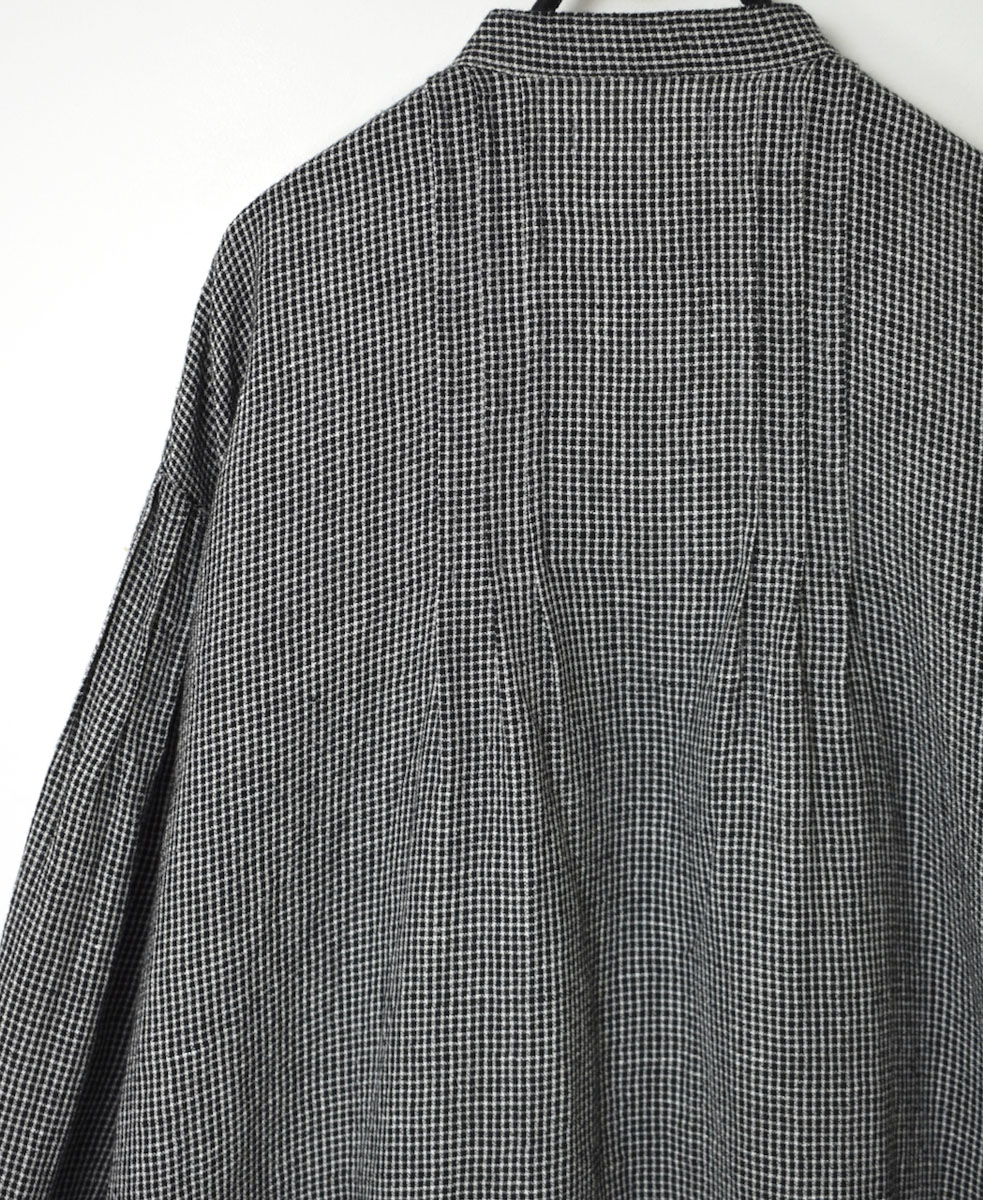 INSL22614 (ワンピース) WOOL/LINEN SMALL CHECK & STRIPE BANDED COLLAR PINTUCK DRESS