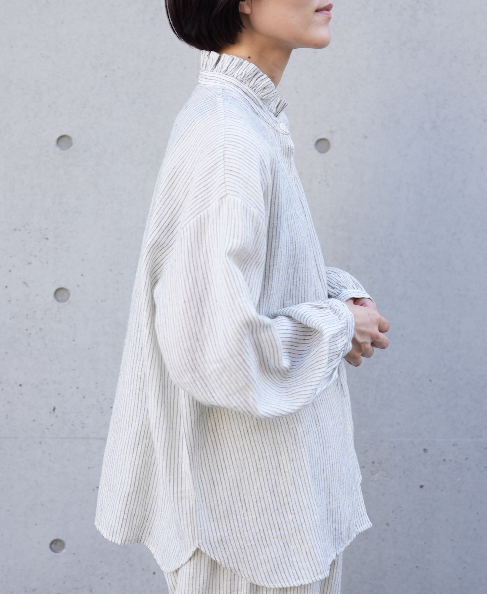 INSL22611 (シャツ) WOOL/LINEN SMALL CHECK & STRIPE FRILL COLLAR SHIRT