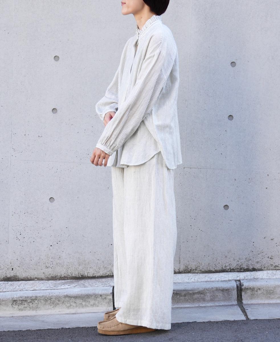 INSL22611 (シャツ) WOOL/LINEN SMALL CHECK & STRIPE FRILL COLLAR SHIRT