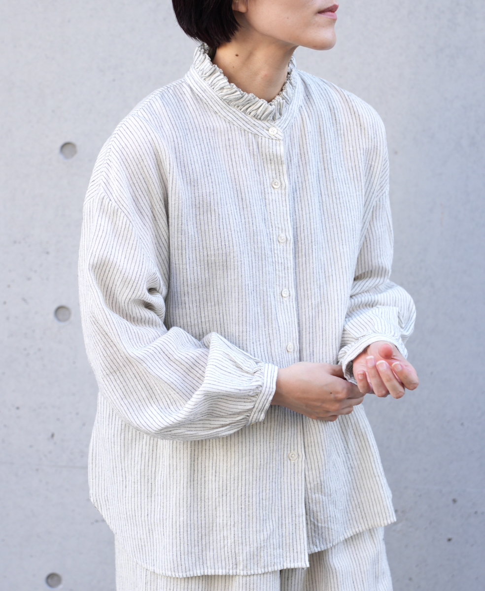INSL22611 (シャツ) WOOL/LINEN SMALL CHECK & STRIPE FRILL COLLAR SHIRT