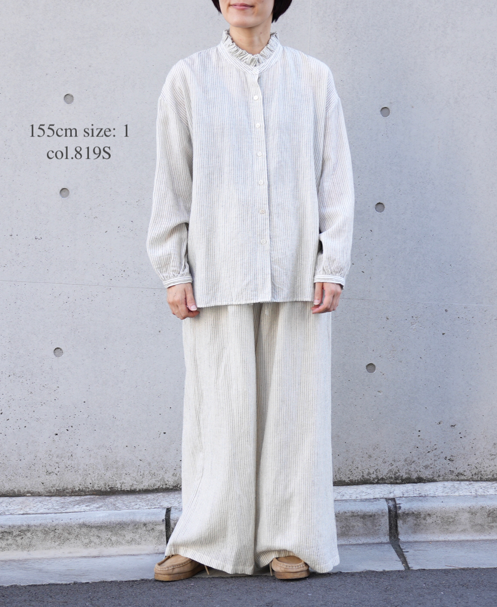 INSL22611 (シャツ) WOOL/LINEN SMALL CHECK & STRIPE FRILL COLLAR SHIRT