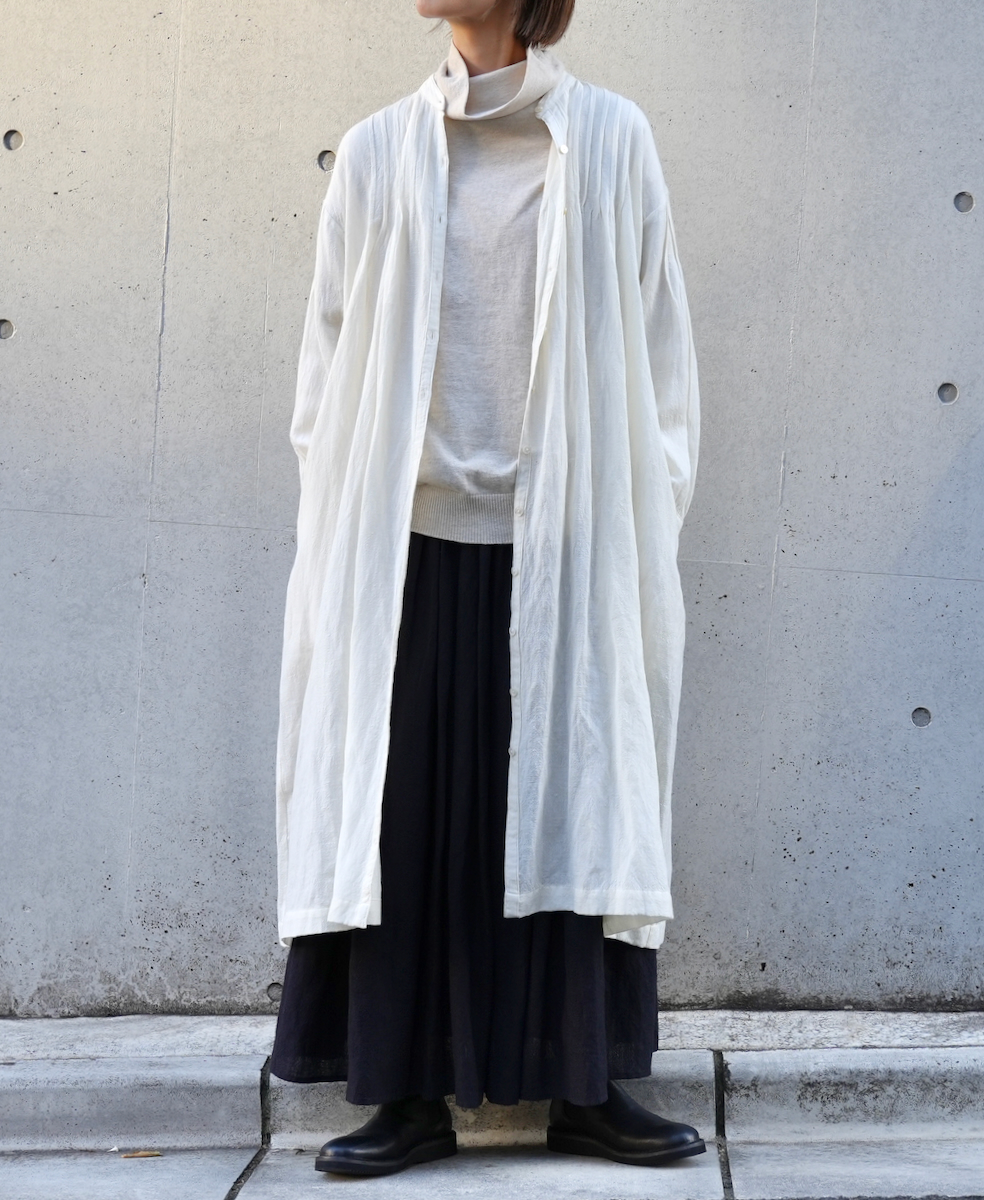 INSL22604 (ワンピース) WOOL/LINEN PLAIN BANDED COLLAR PINTUCK DRESS