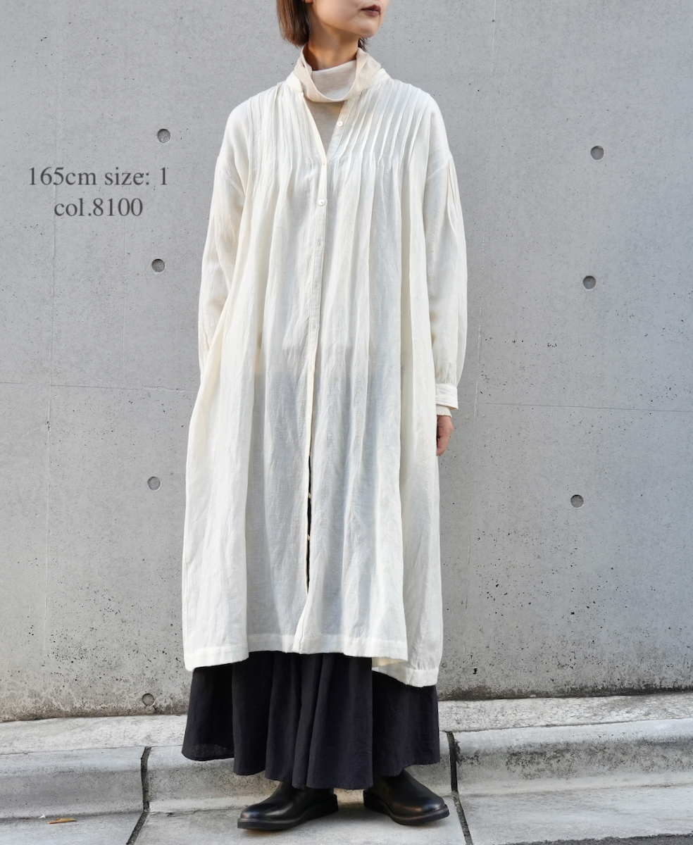 INSL22604 (ワンピース) WOOL/LINEN PLAIN BANDED COLLAR PINTUCK DRESS