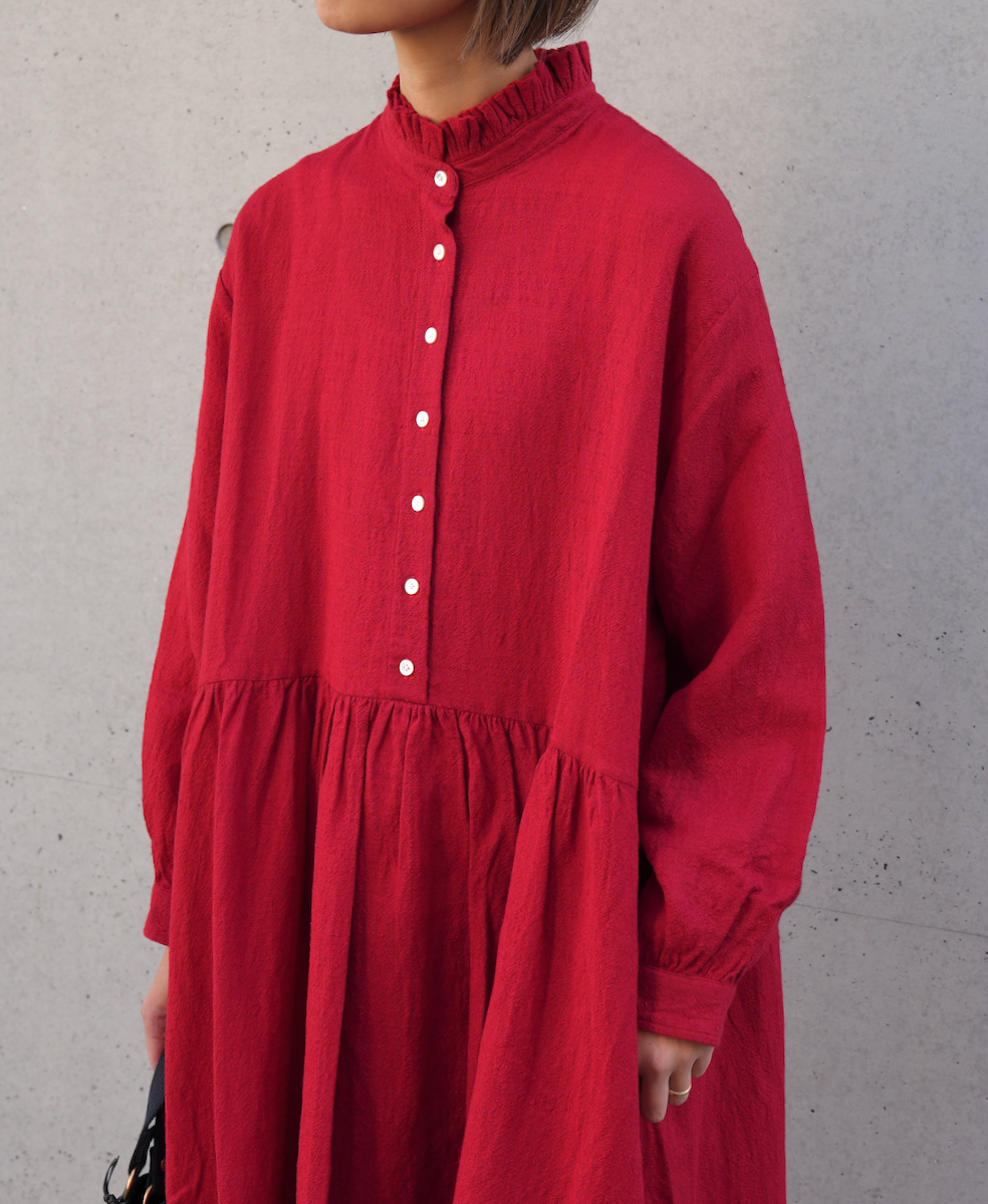 INSL23702(ワンピース) WOOL/LINEN PLAIN FRILL COLLAR DRESS