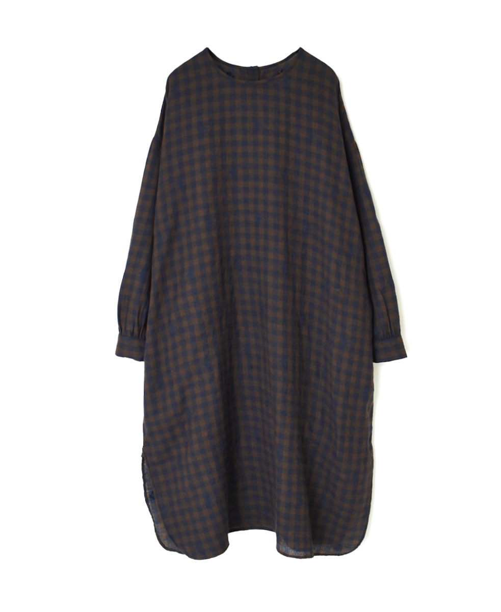 NMDS23603 (チュニック) WOOL GINGHAM CHECK WITH JACQUARD BACK OPENING CREW-NECK SHIRT TUNIC