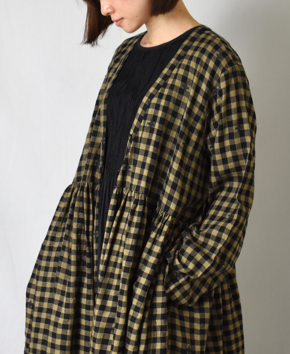 ●NMDS23604 (ワンピース) WOOL GINGHAM CHECK WITH JACQUARD RAJASTHAN TUCK GATHERED WRAP DRESS