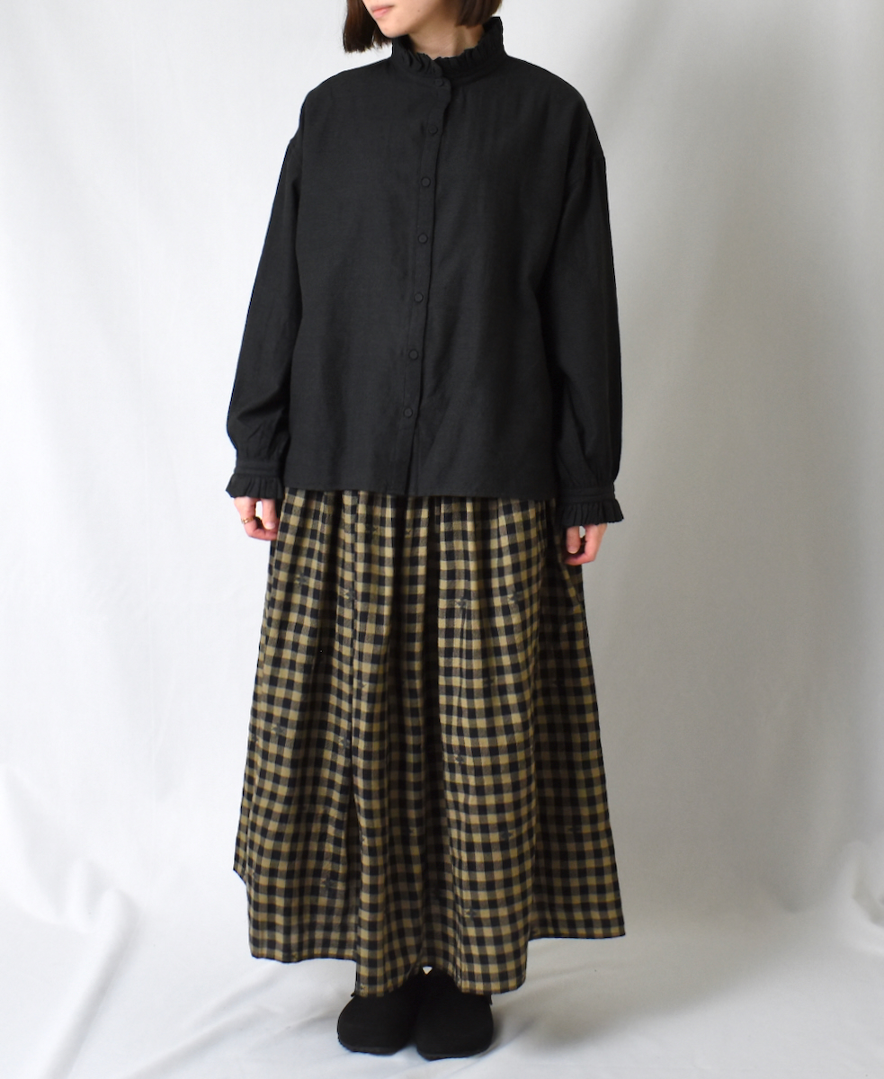 NMDS23605 (スカート) WOOL GINGHAM CHECK WITH JACQUARD RAJASTHAN TUCK GATHERED SKIRT WITH LINING
