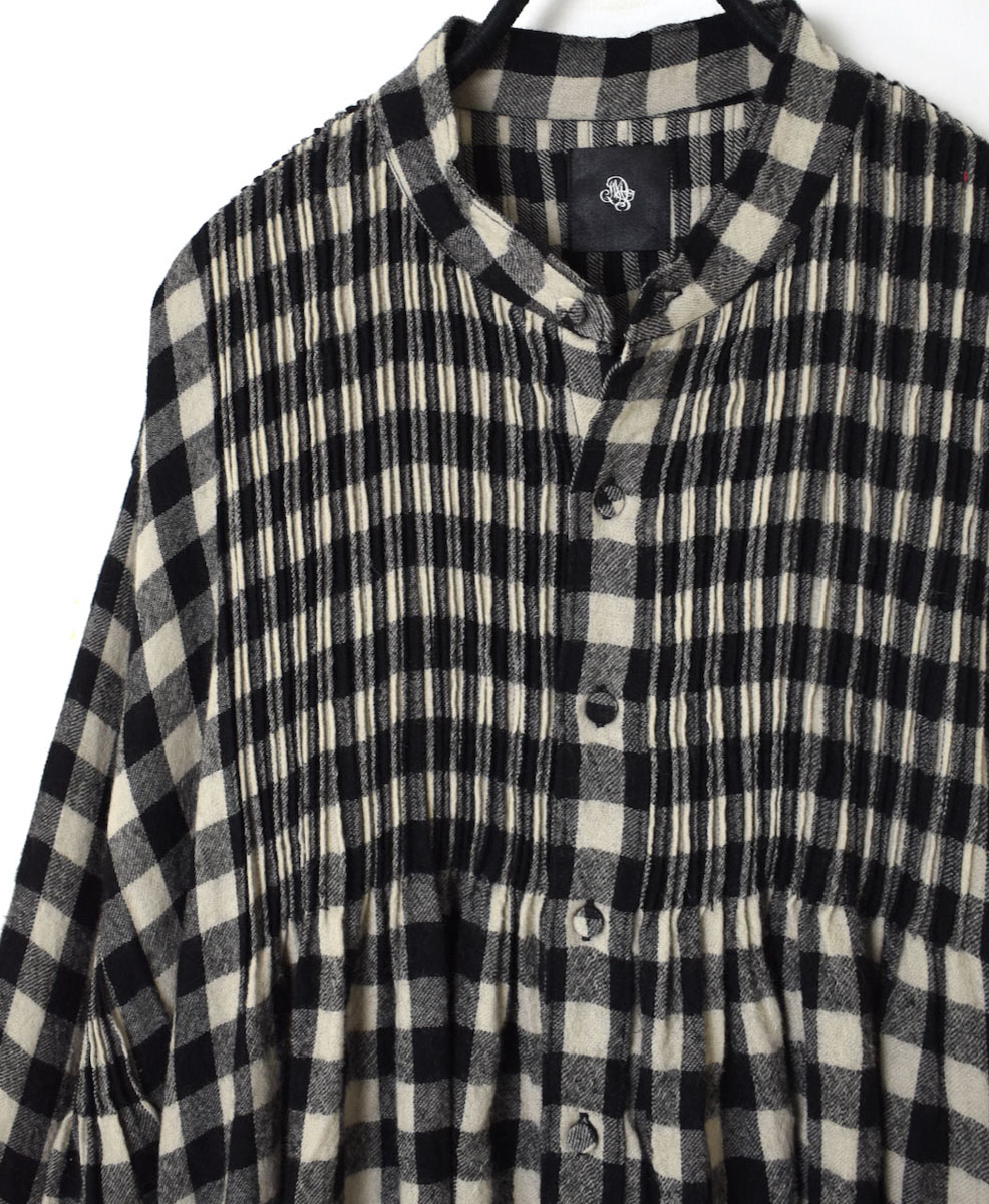 NMDS23592 (ワンピース) BOILED WOOL BIG GINGHAM CHECK BANDED SHIRT DRESS WITH MINI PINTUCK