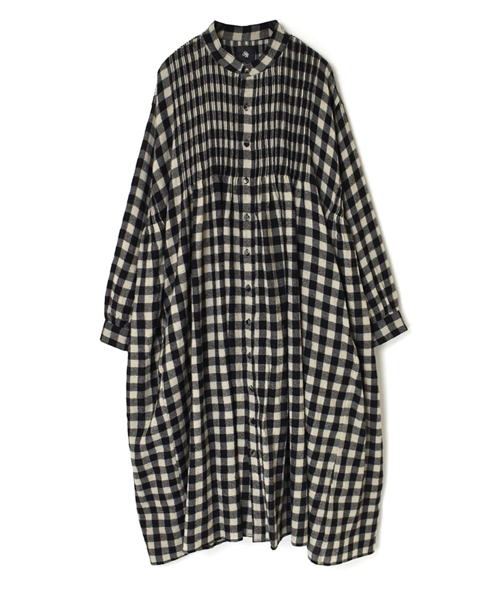 NMDS23592 (ワンピース) BOILED WOOL BIG GINGHAM CHECK BANDED SHIRT DRESS WITH MINI PINTUCK