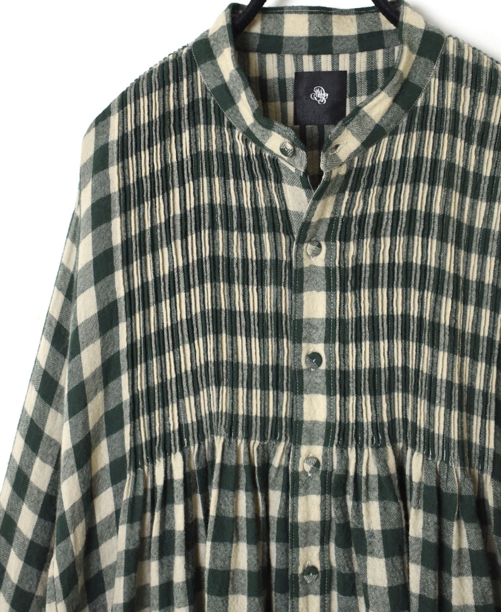 NMDS23592 (ワンピース) BOILED WOOL BIG GINGHAM CHECK BANDED SHIRT DRESS WITH MINI PINTUCK