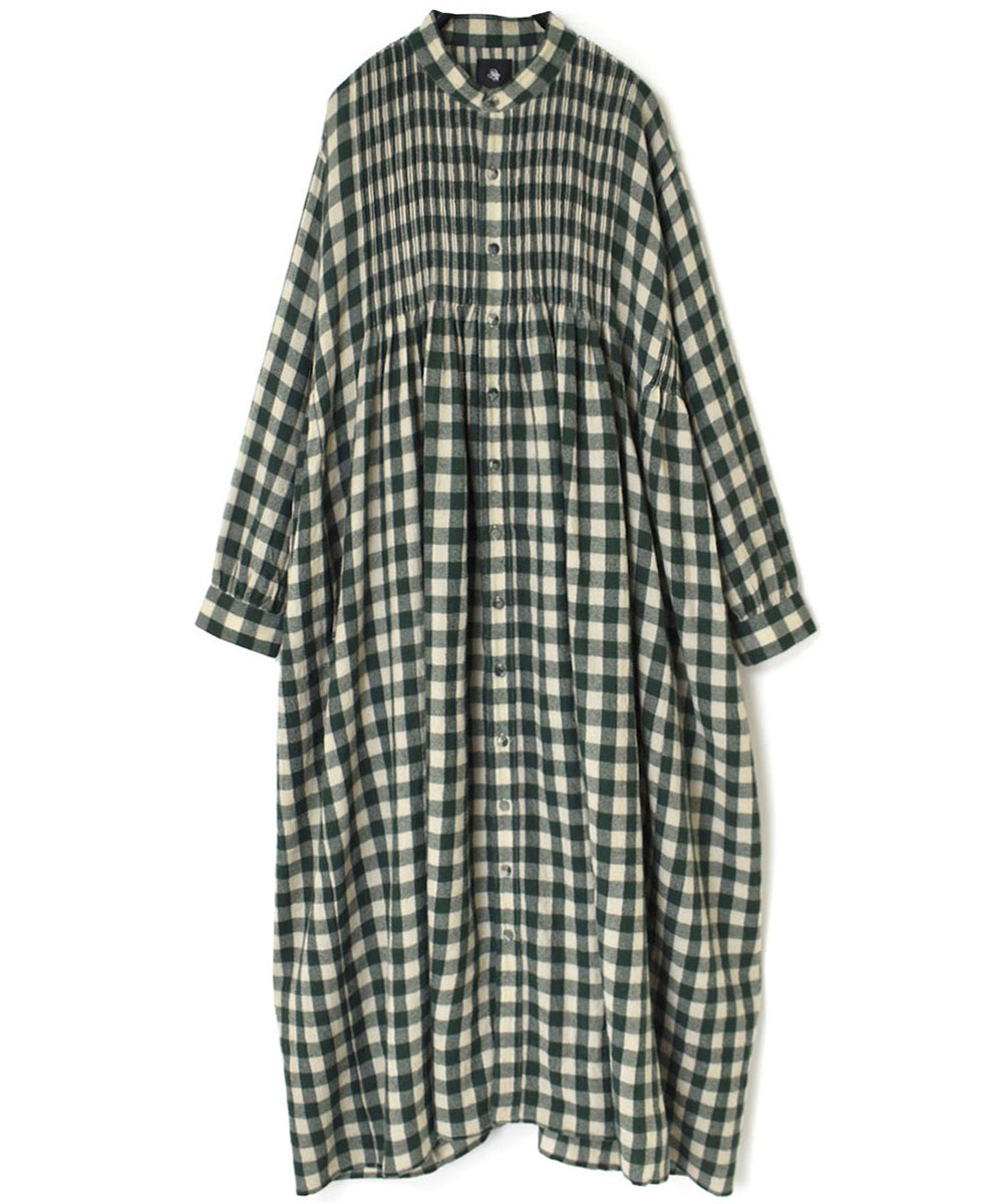 NMDS23592 (ワンピース) BOILED WOOL BIG GINGHAM CHECK BANDED SHIRT DRESS WITH MINI PINTUCK