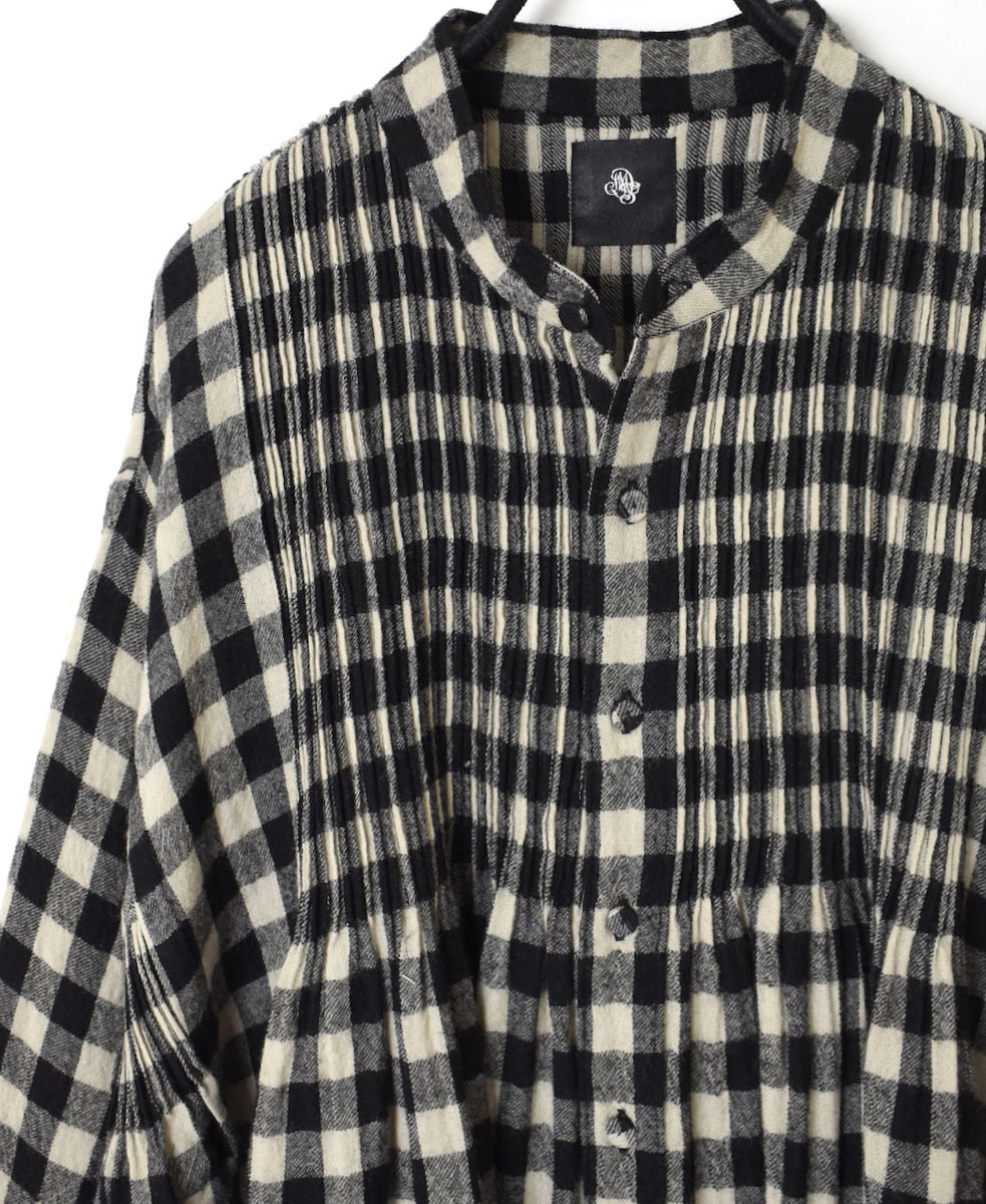NMDS23591 (シャツ) BOILED WOOL BIG GINGHAM CHECK BANDED SHIRT WITH MINI PINTUCK
