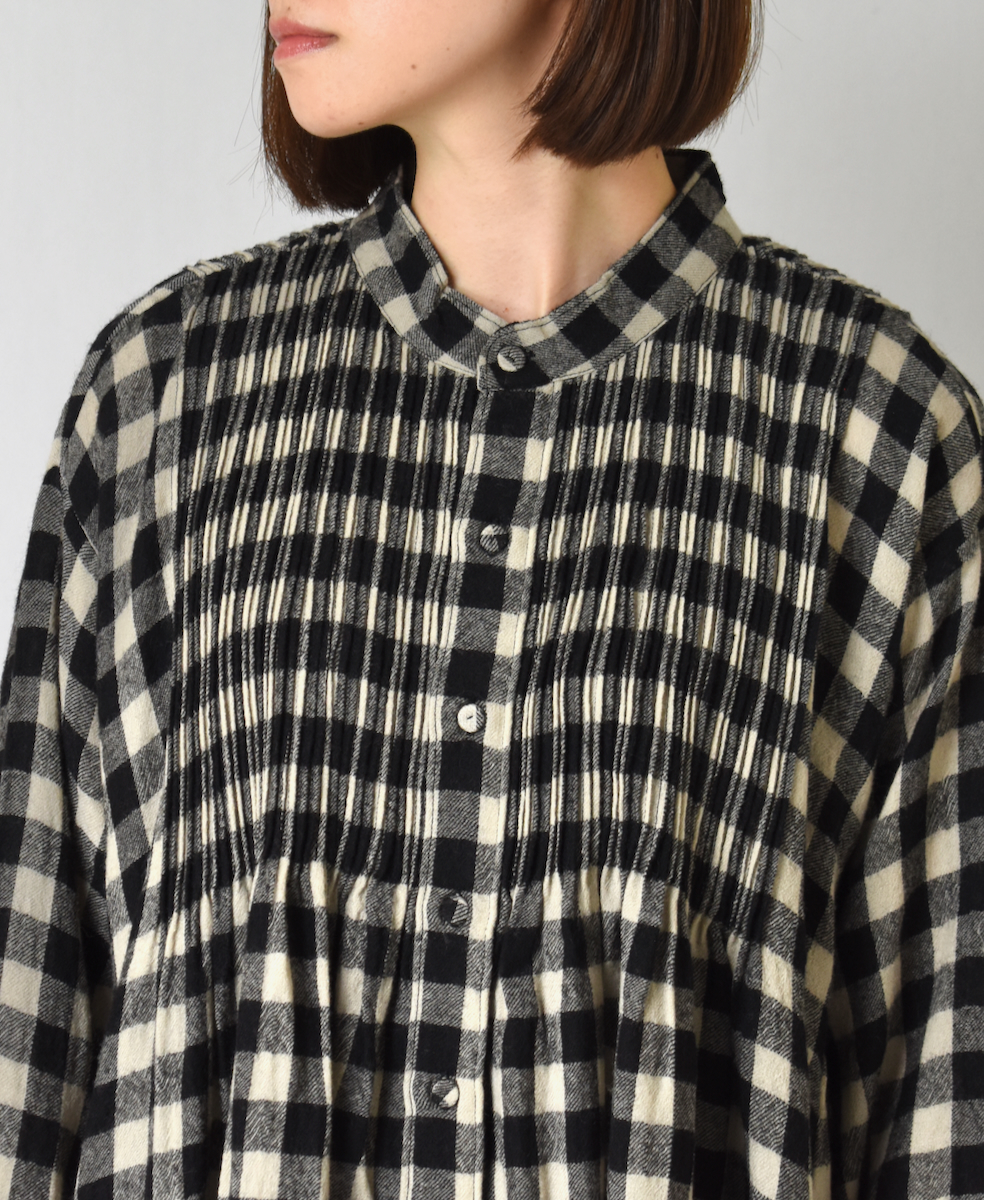 NMDS23592 (ワンピース) BOILED WOOL BIG GINGHAM CHECK BANDED SHIRT DRESS WITH MINI PINTUCK